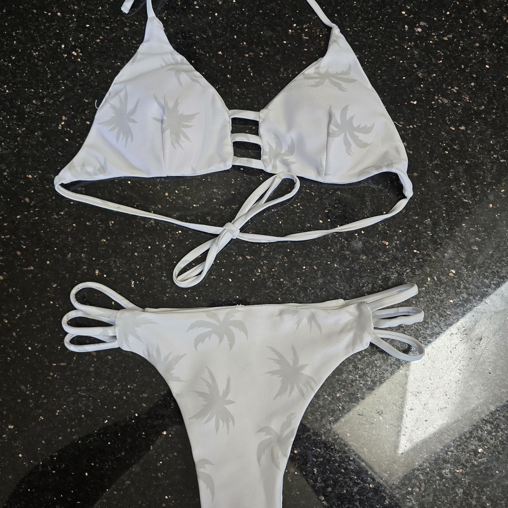 Tropical Palm String Bikini - White & Light Grey - Teen Small - Excellent & CUTE